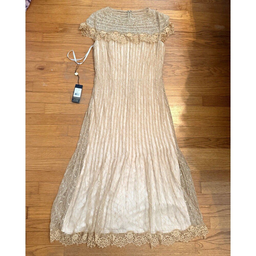NWT Tadashi Shoji Size 10 Ginseng Champagne Lace Midi Dress Wedding Cocktail